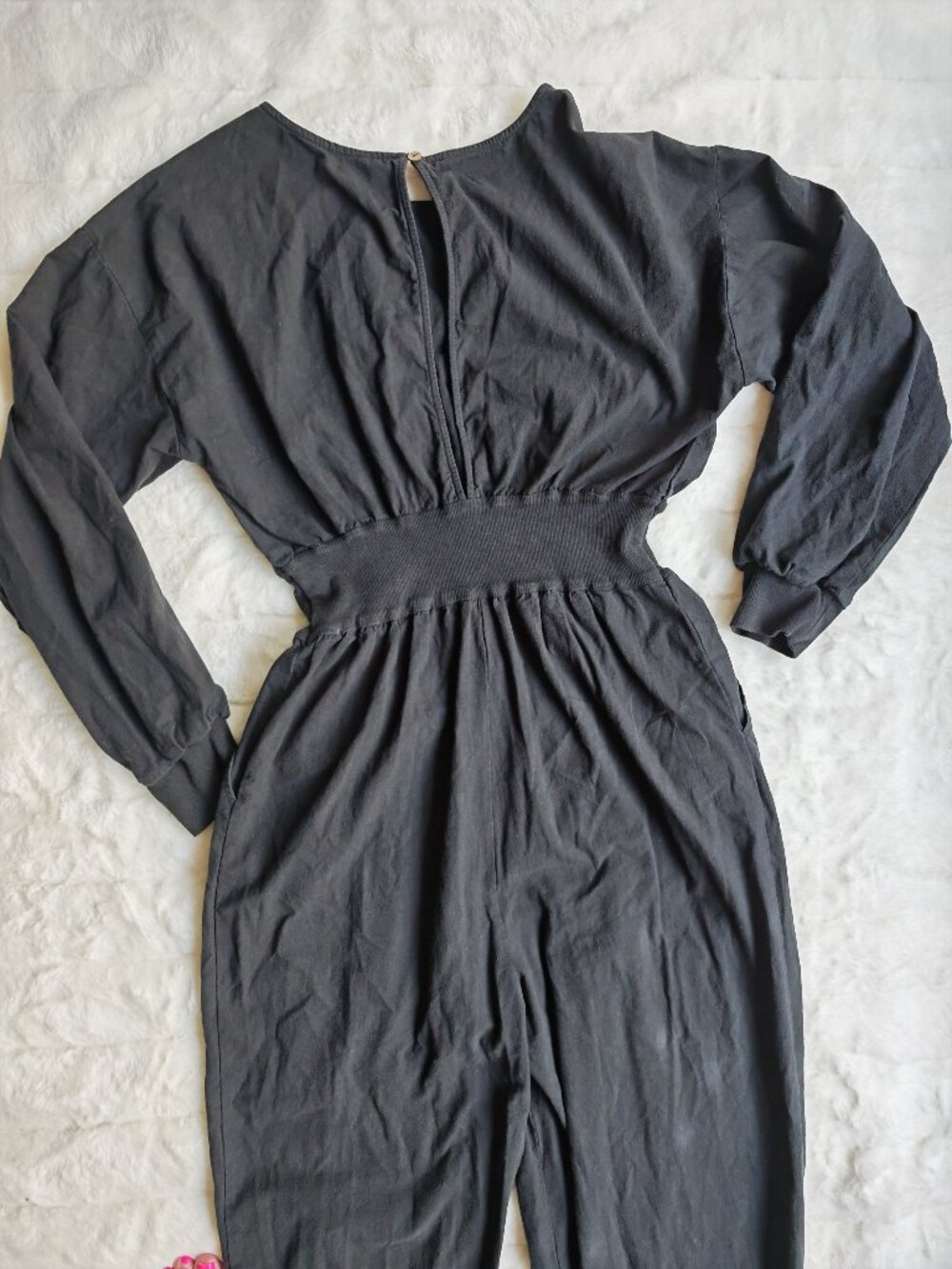 Free People Sonika Jumpsuit Black Balloon Sleeve Smocked Waist Size L - Picture 12 of 13